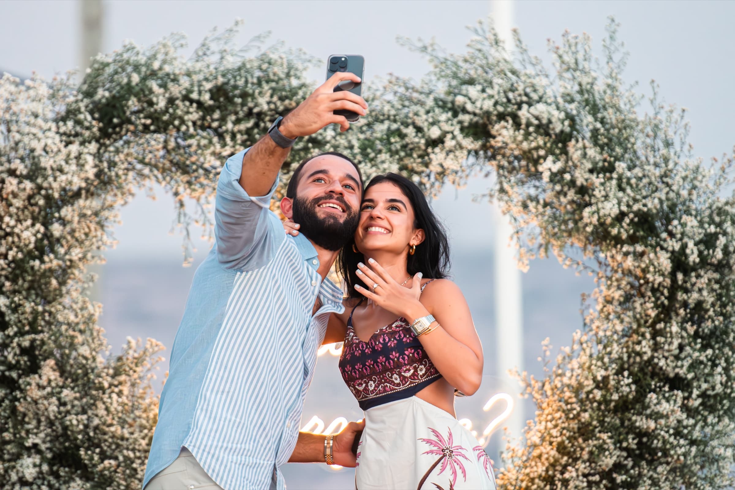 Victor & Carola, a selfie moment right after the proposal, ring in view