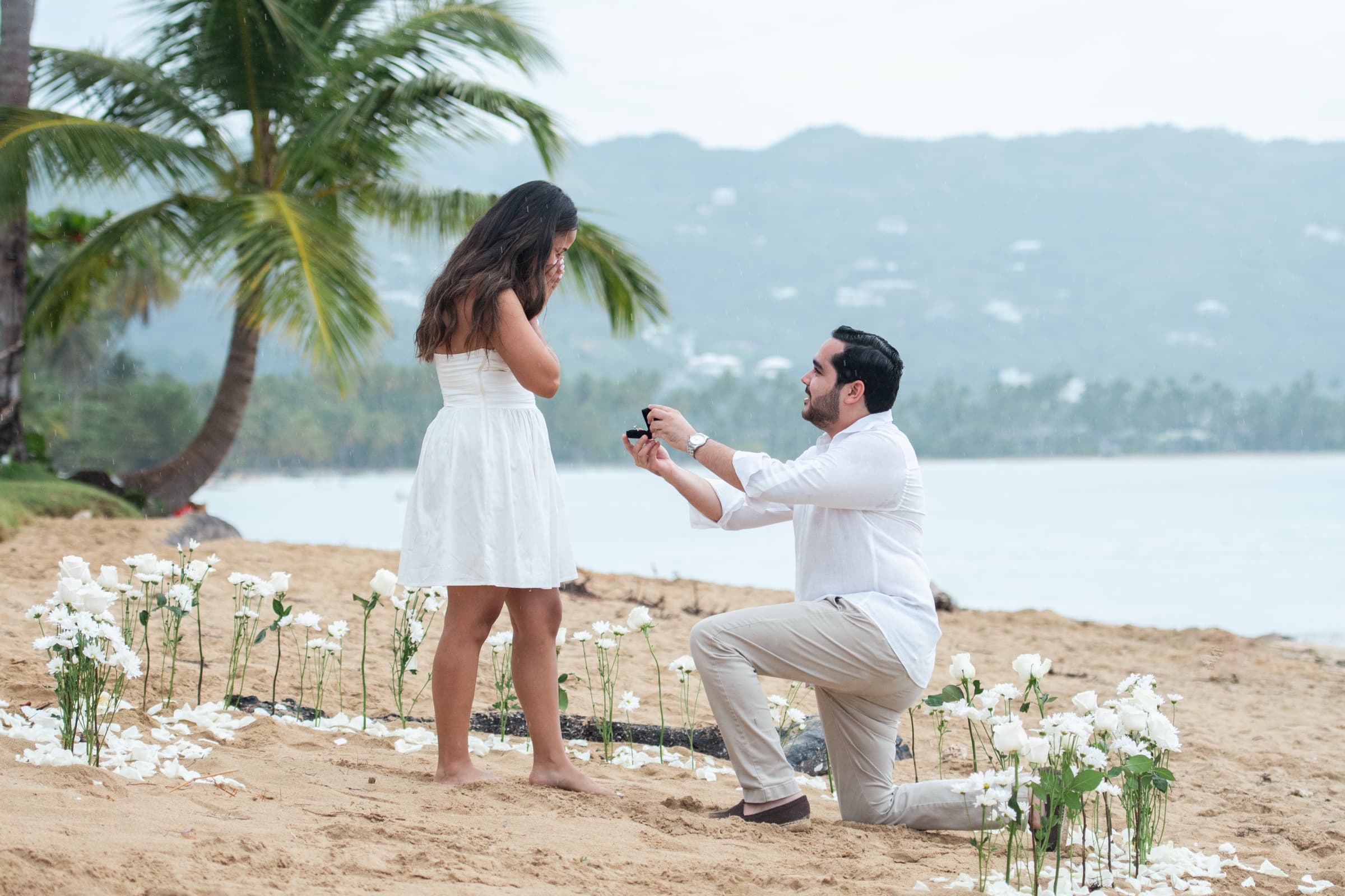 Javier proposing to Angelica among white roses on the beach